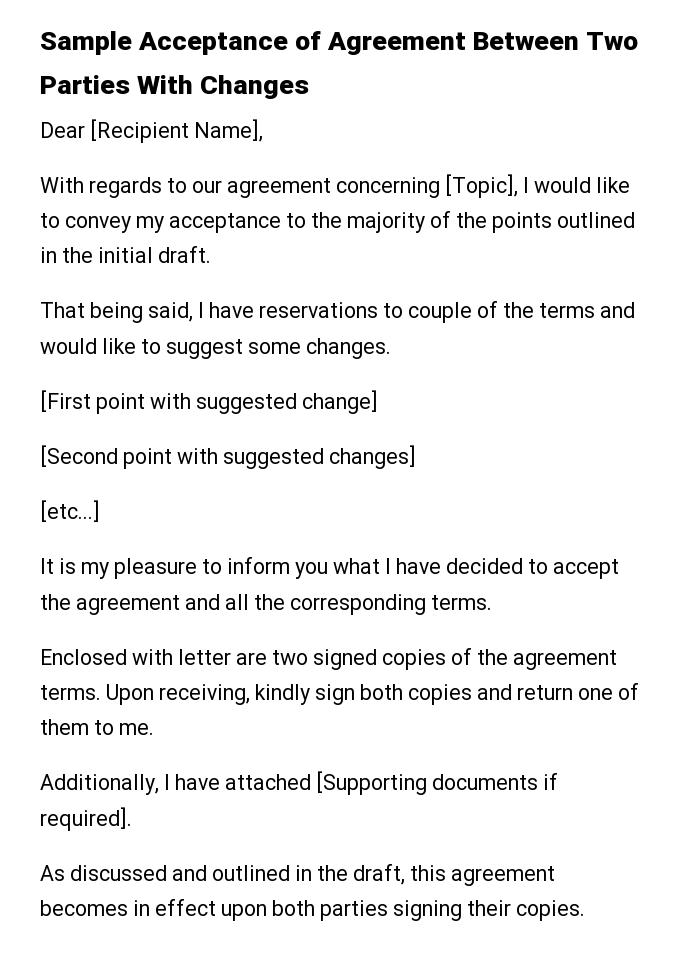 Sample Acceptance of Agreement Between Two Parties With Changes