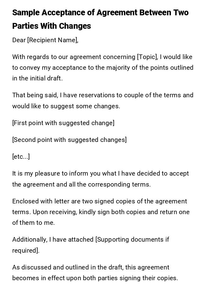 Sample Acceptance of Agreement Between Two Parties With Changes