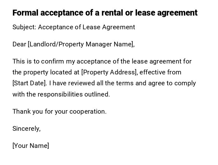 Formal acceptance of a rental or lease agreement Formal acceptance of a rental or lease agreement