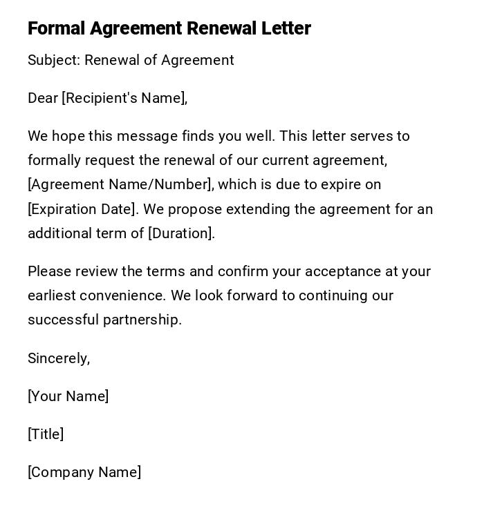 Formal Agreement Renewal Letter Formal Agreement Renewal Letter