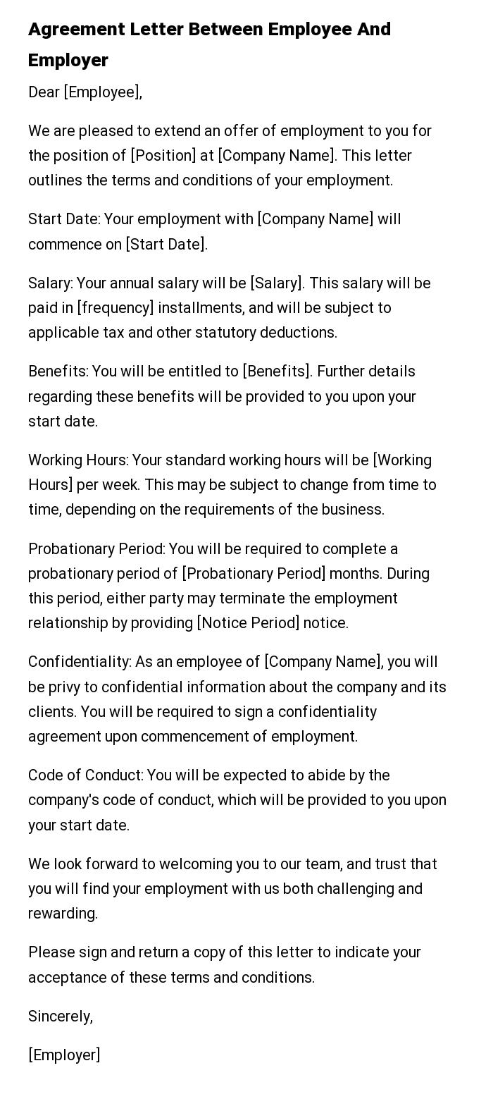 Agreement Letter Between Employee And Employer