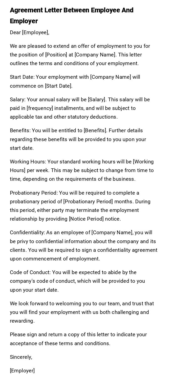 Agreement Letter Between Employee And Employer