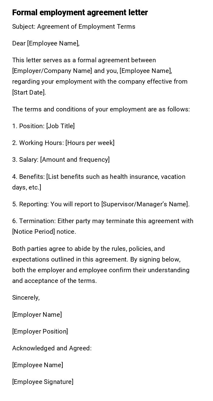 Formal employment agreement letter Formal employment agreement letter