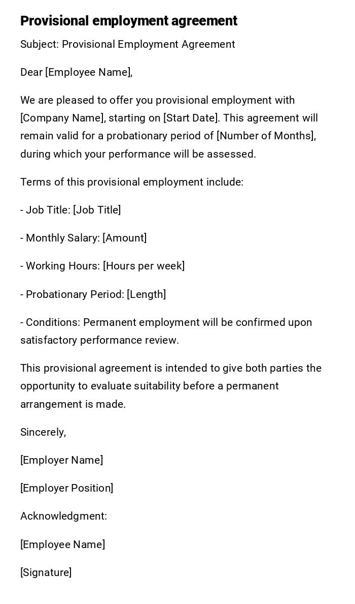 Provisional employment agreement Provisional employment agreement