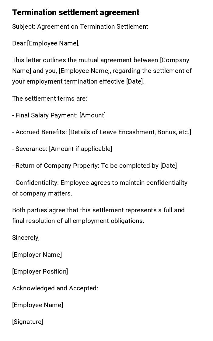Termination settlement agreement Termination settlement agreement