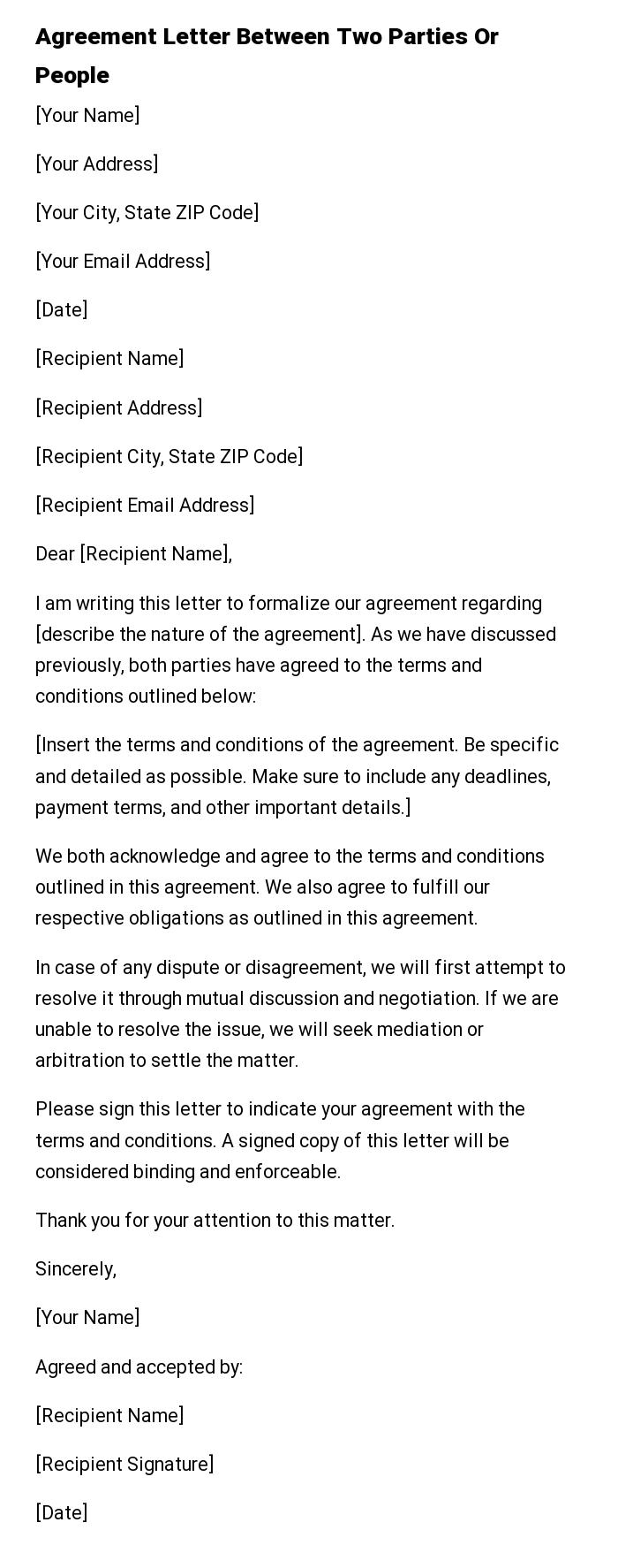 Agreement Letter Between Two Parties Or People