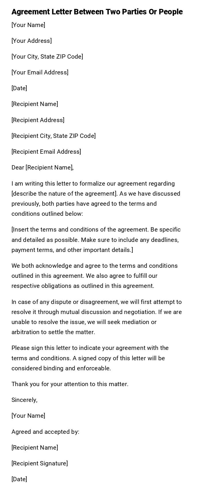 Agreement Letter Between Two Parties Or People