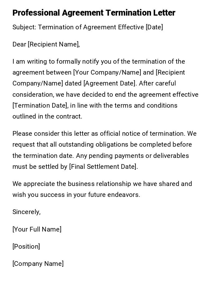 Professional Agreement Termination Letter Professional Agreement Termination Letter