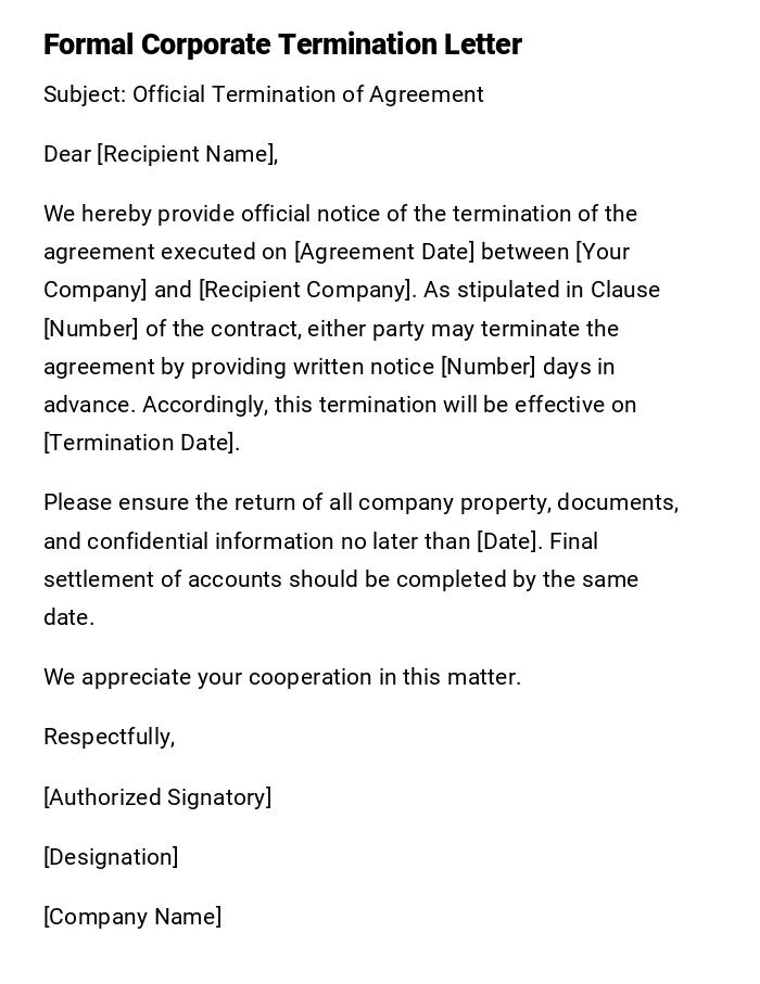 Formal Corporate Termination Letter Formal Corporate Termination Letter