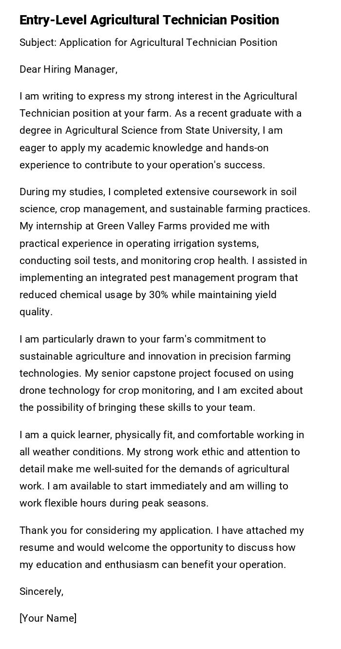 Entry-Level Agricultural Technician Position Entry-Level Agricultural Technician Position