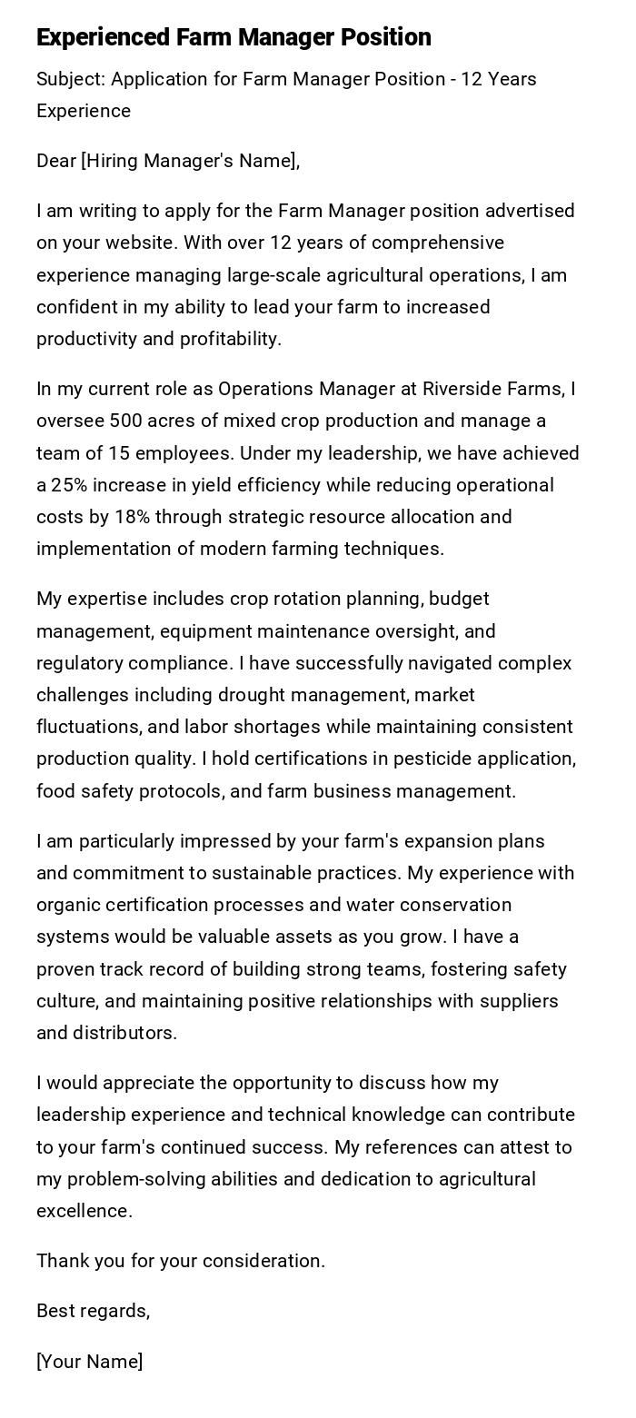 Experienced Farm Manager Position Experienced Farm Manager Position