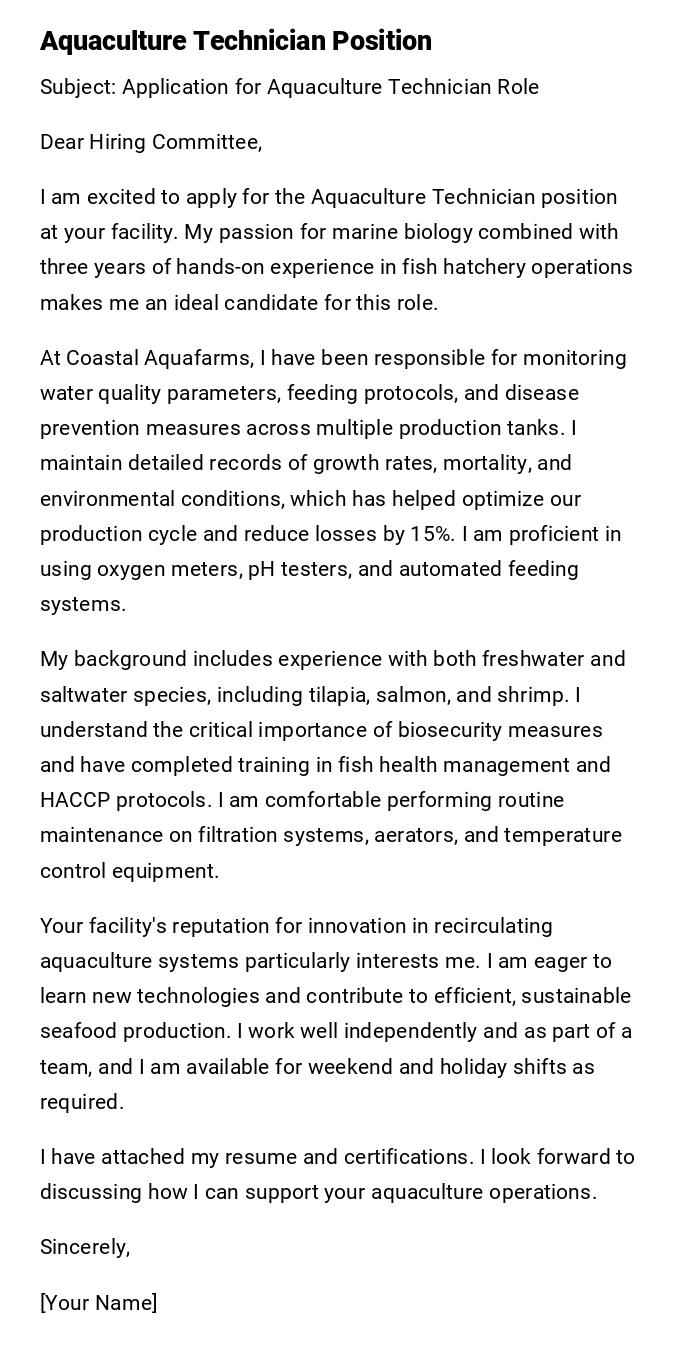 Aquaculture Technician Position Aquaculture Technician Position