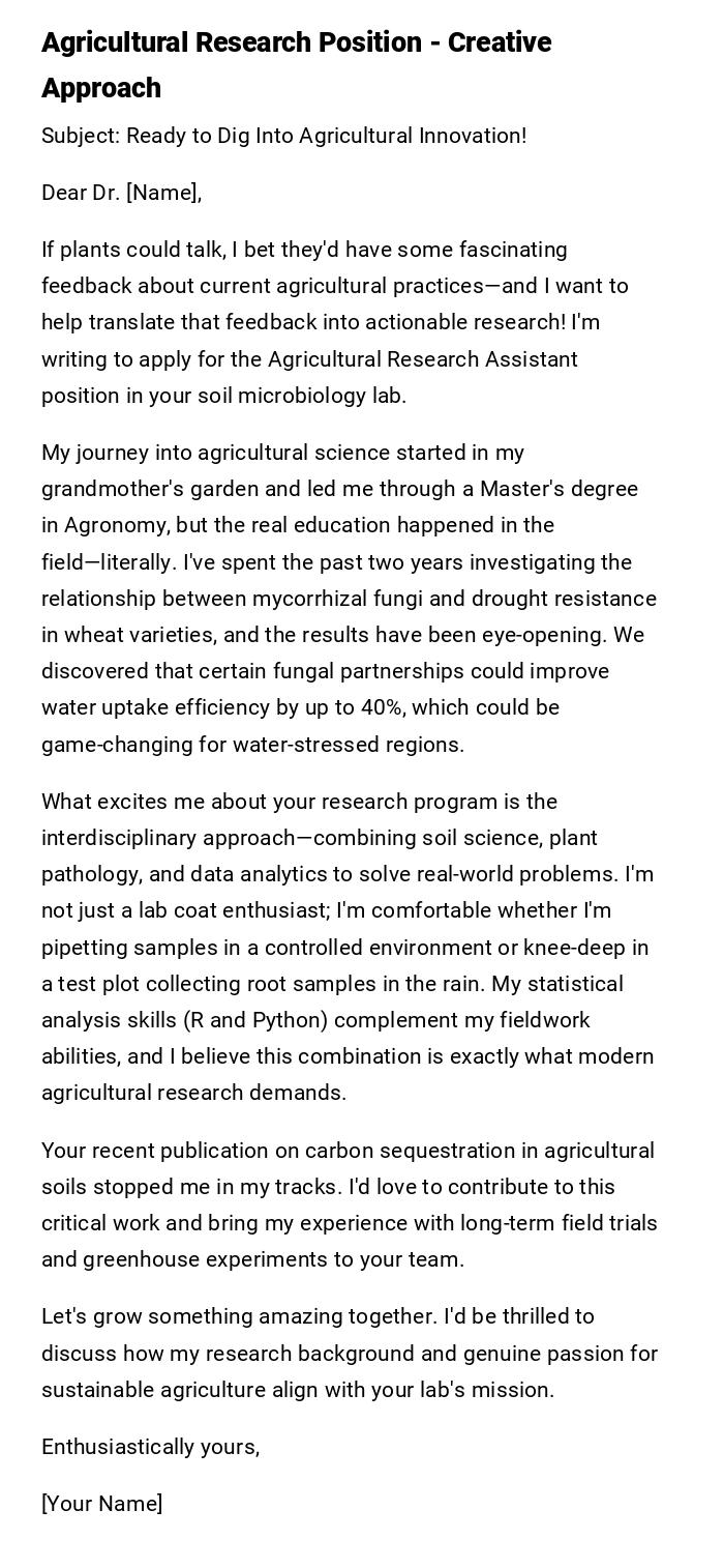 Agricultural Research Position - Creative Approach Agricultural Research Position - Creative Approach