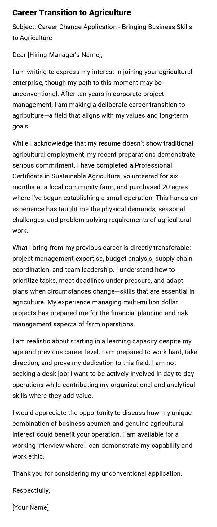 Career Transition to Agriculture Career Transition to Agriculture