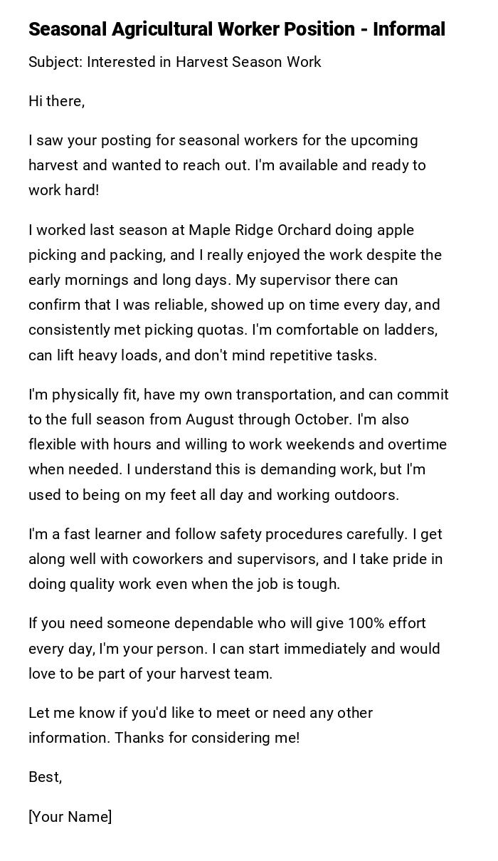 Seasonal Agricultural Worker Position - Informal Seasonal Agricultural Worker Position - Informal