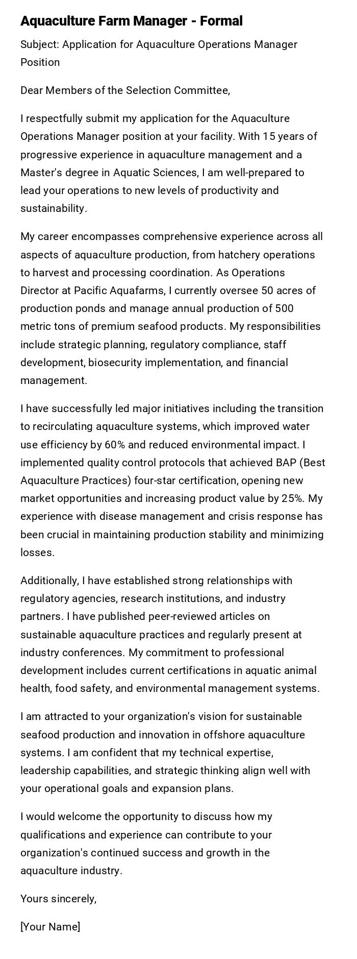 Aquaculture Farm Manager - Formal Aquaculture Farm Manager - Formal