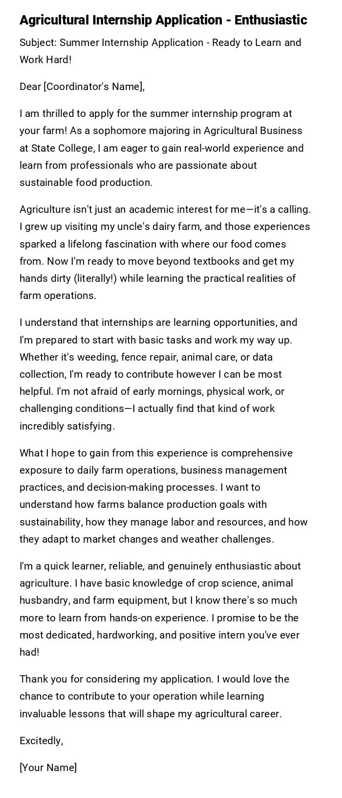 Agricultural Internship Application - Enthusiastic Agricultural Internship Application - Enthusiastic