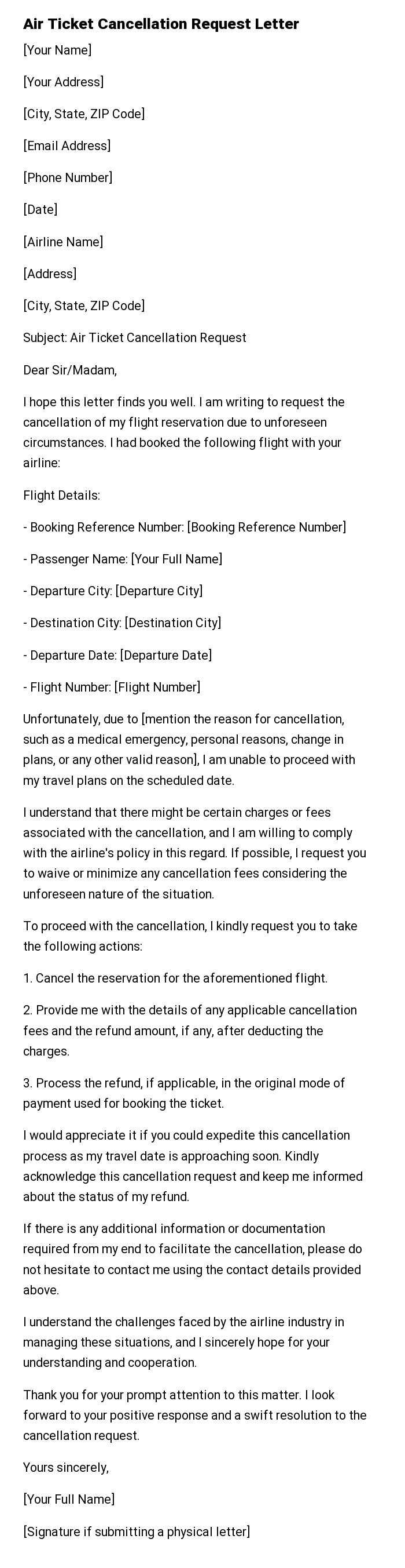 Air Ticket Cancellation Request Letter
