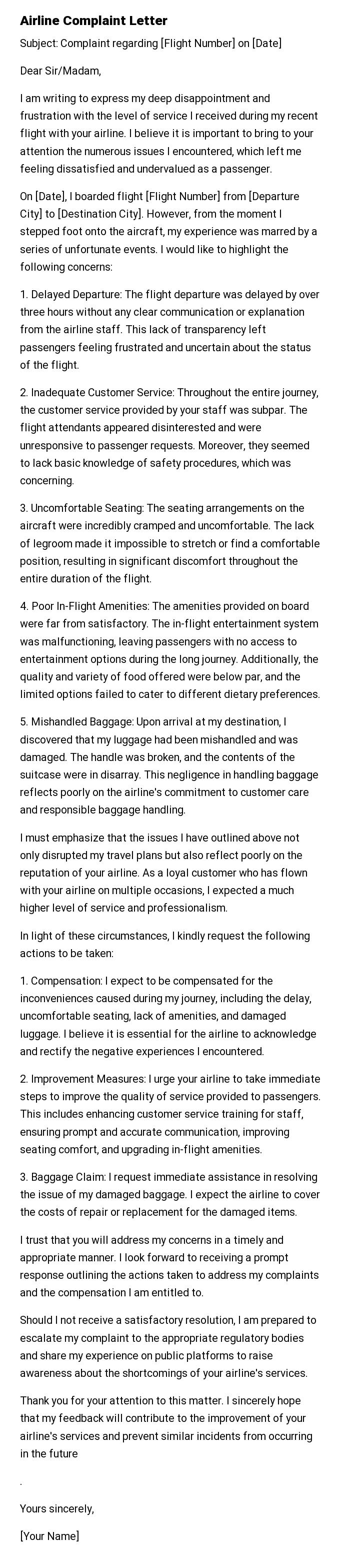 Airline Complaint Letter