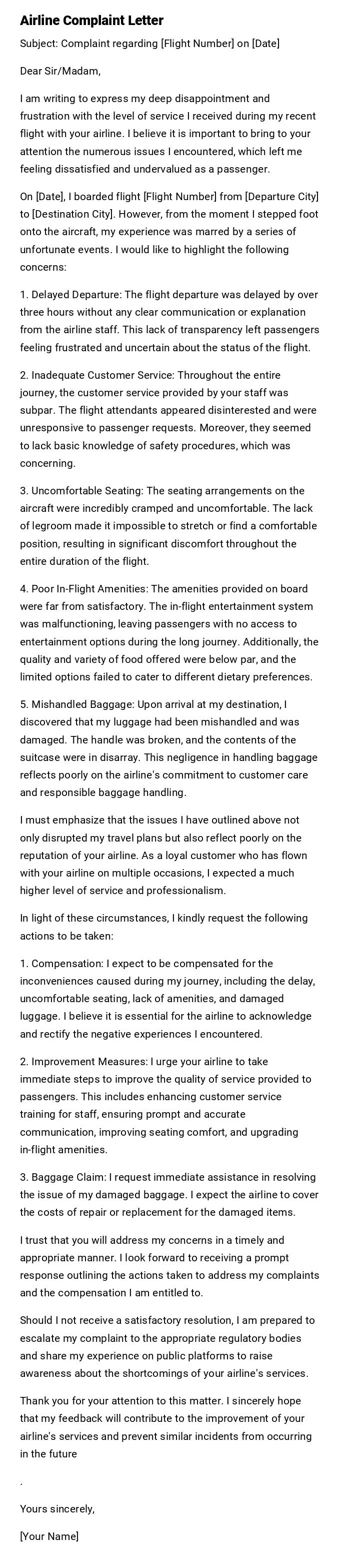 Airline Complaint Letter