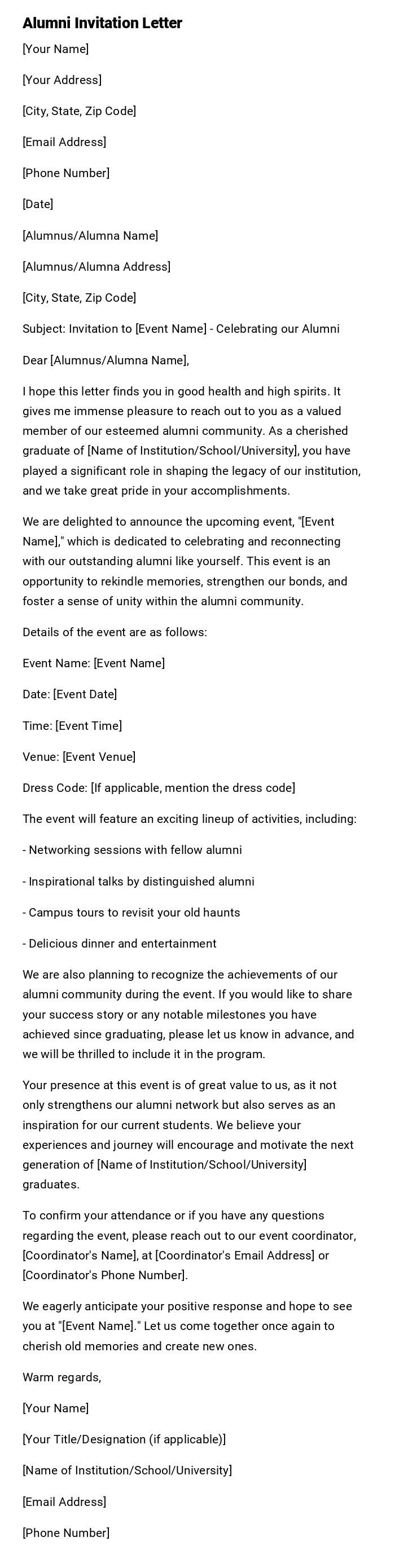 Alumni Invitation Letter