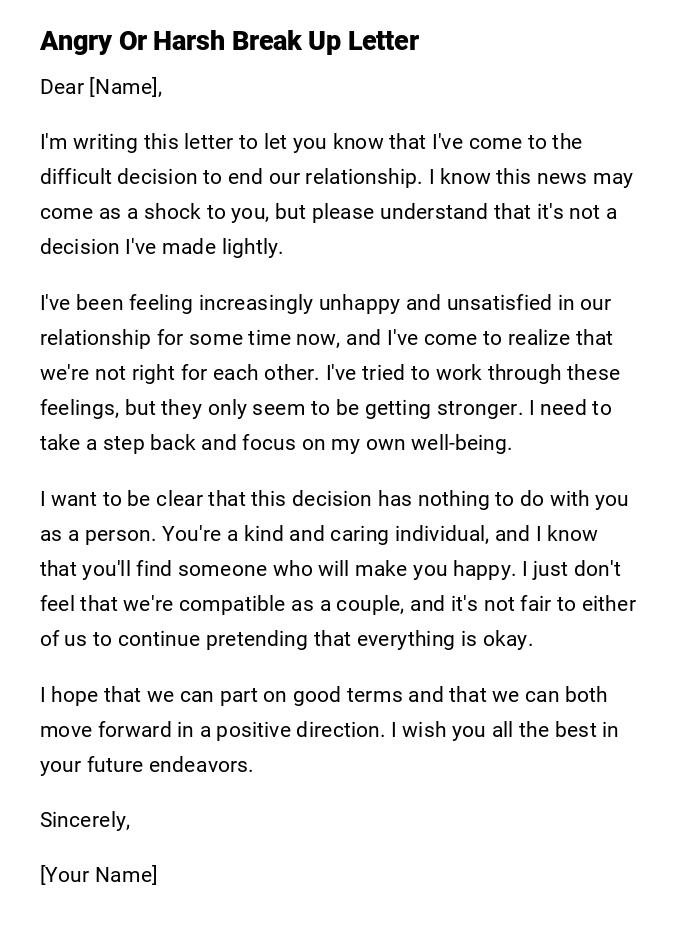 Angry Or Harsh Break Up Letter