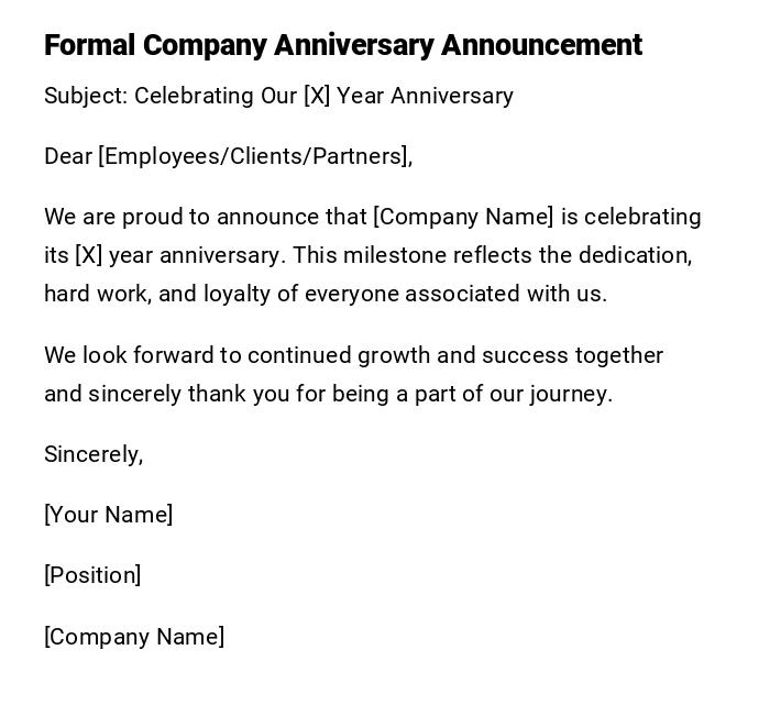 Formal Company Anniversary Announcement Formal Company Anniversary Announcement