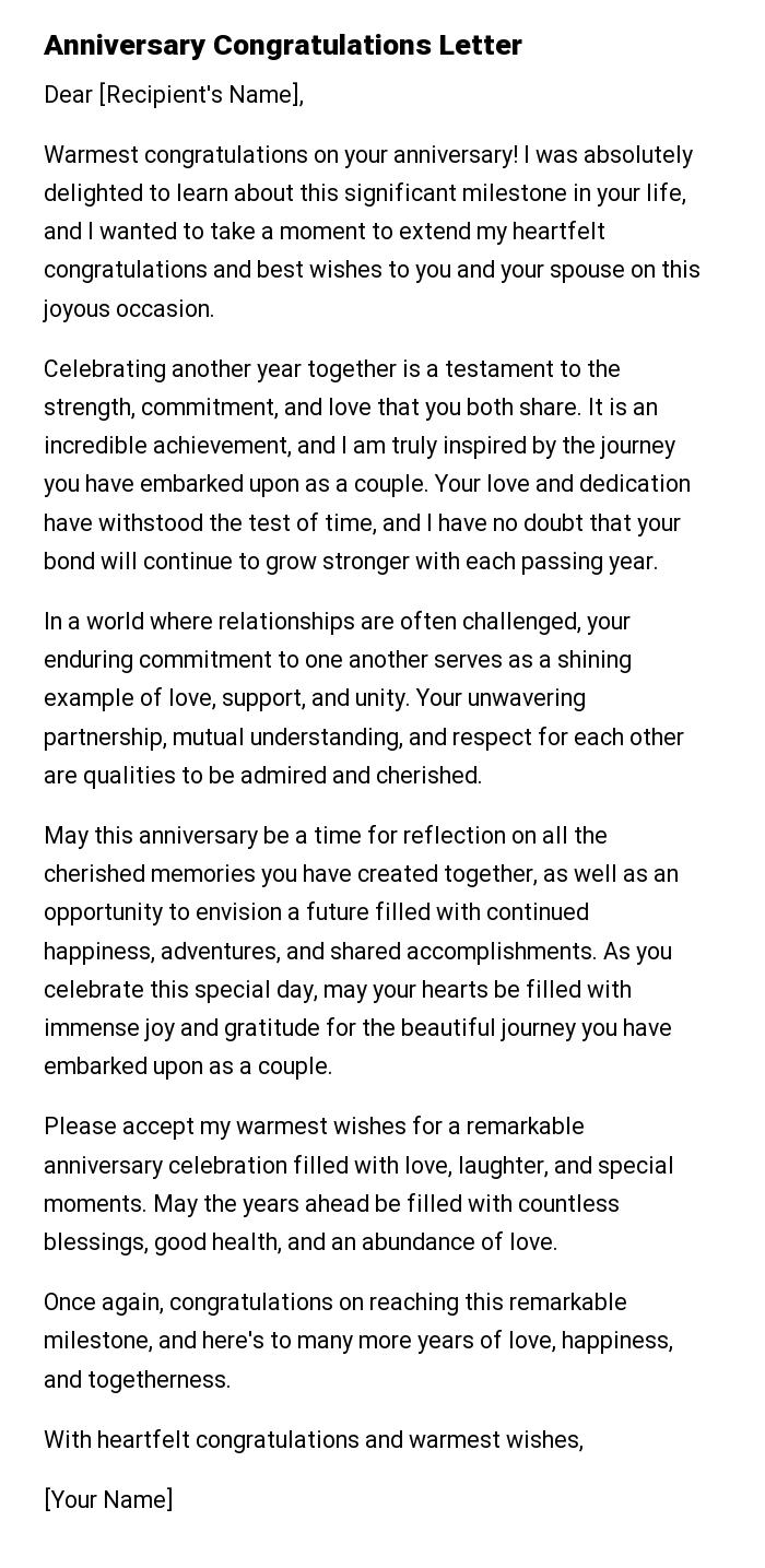 Anniversary Congratulations Letter