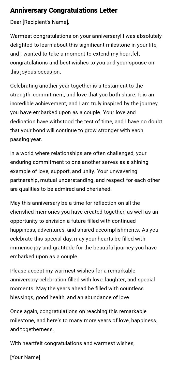 Anniversary Congratulations Letter