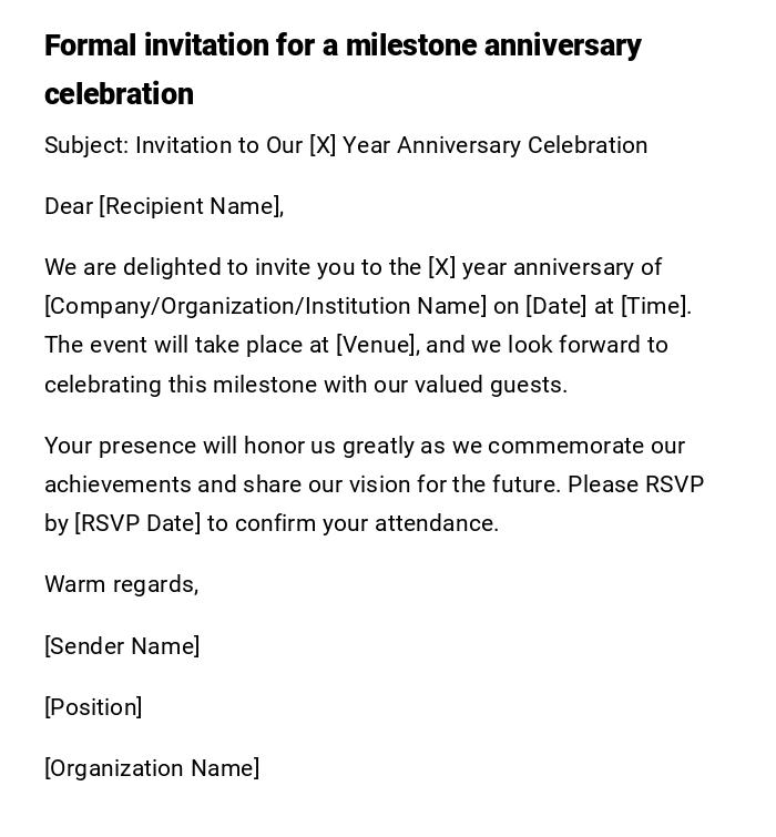 Formal invitation for a milestone anniversary celebration Formal invitation for a milestone anniversary celebration