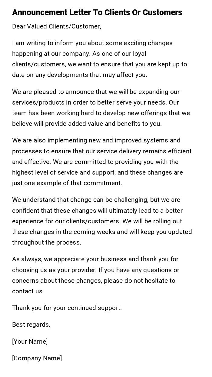 Announcement Letter To Clients Or Customers