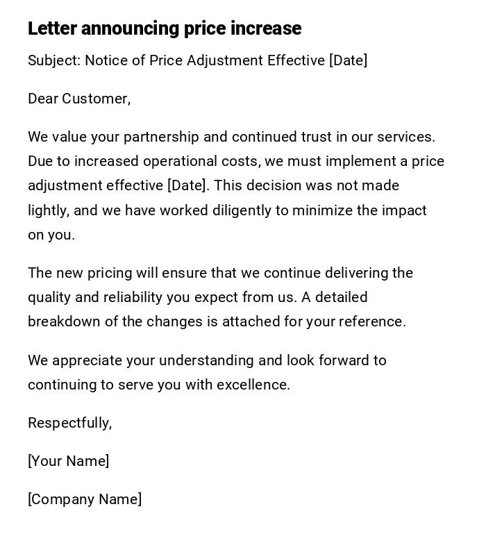 Letter announcing price increase Letter announcing price increase