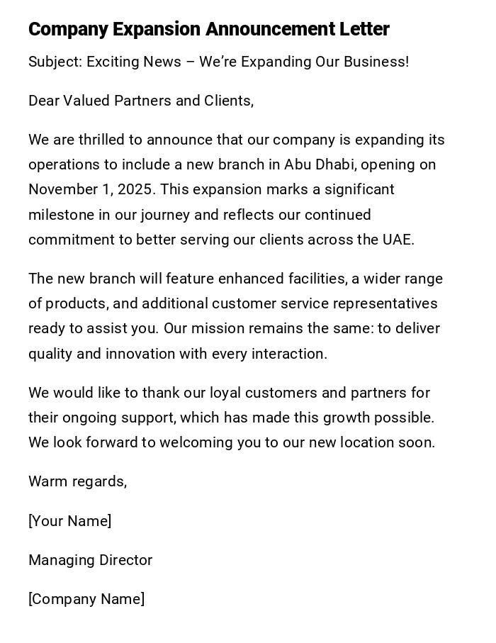 Company Expansion Announcement Letter