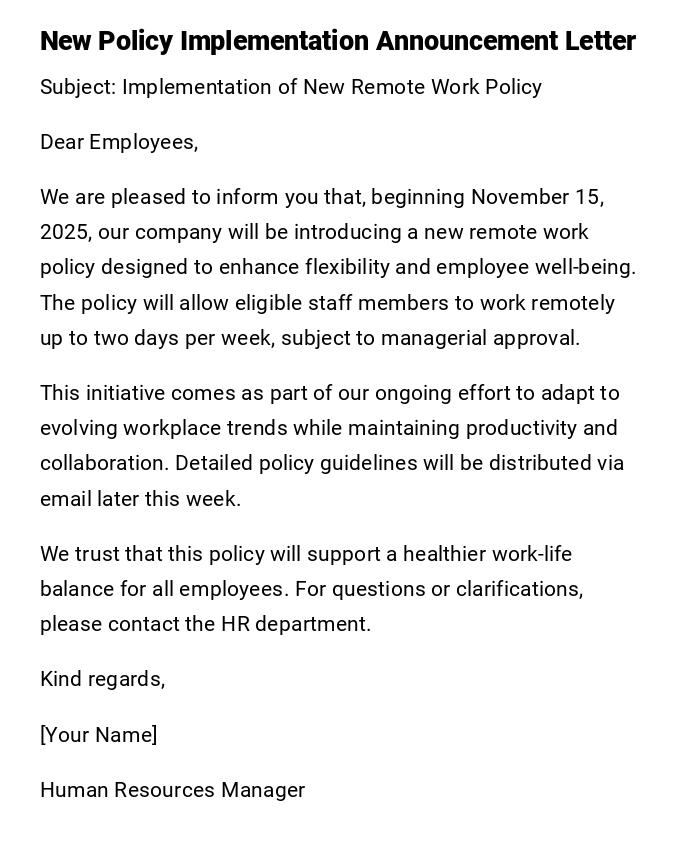 New Policy Implementation Announcement Letter