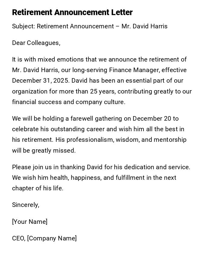 Retirement Announcement Letter