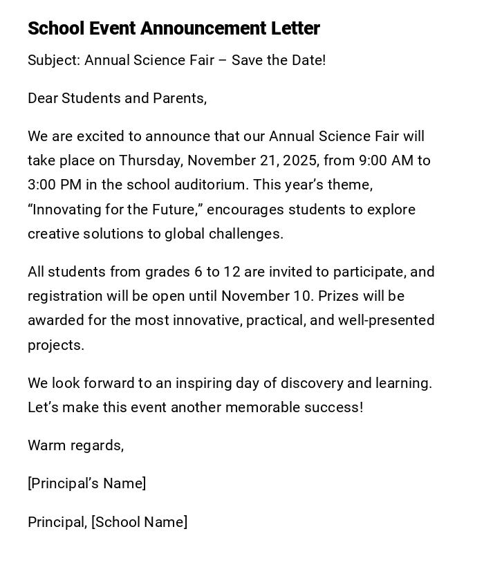 School Event Announcement Letter