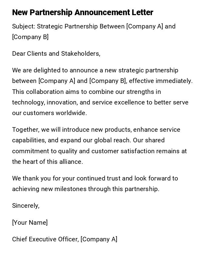 New Partnership Announcement Letter