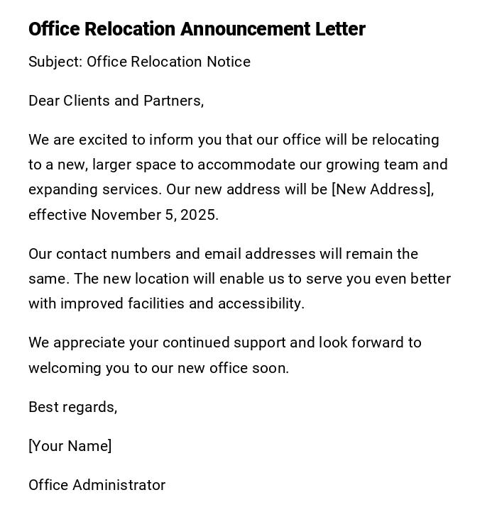 Office Relocation Announcement Letter