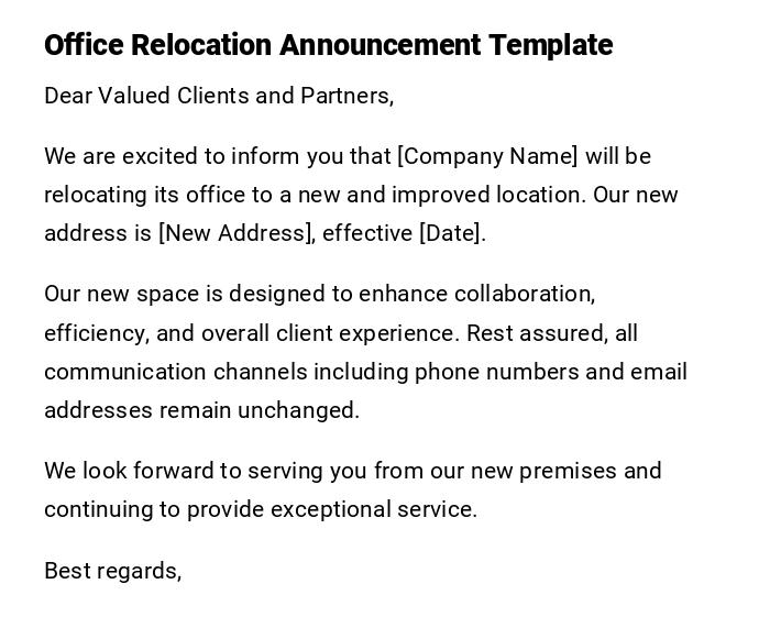 Office Relocation Announcement Template