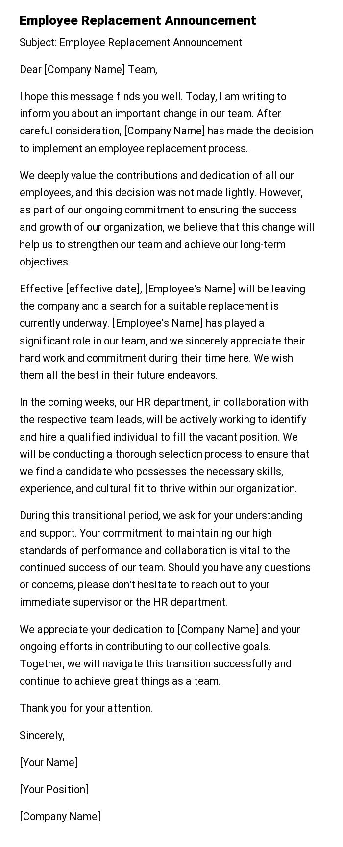 Employee Replacement Announcement