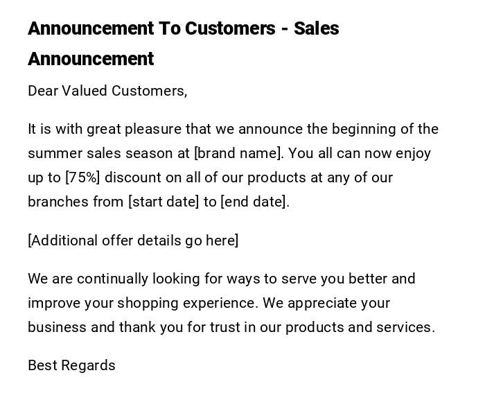 Announcement To Customers - Sales Announcement Announcement To Customers - Sales Announcement