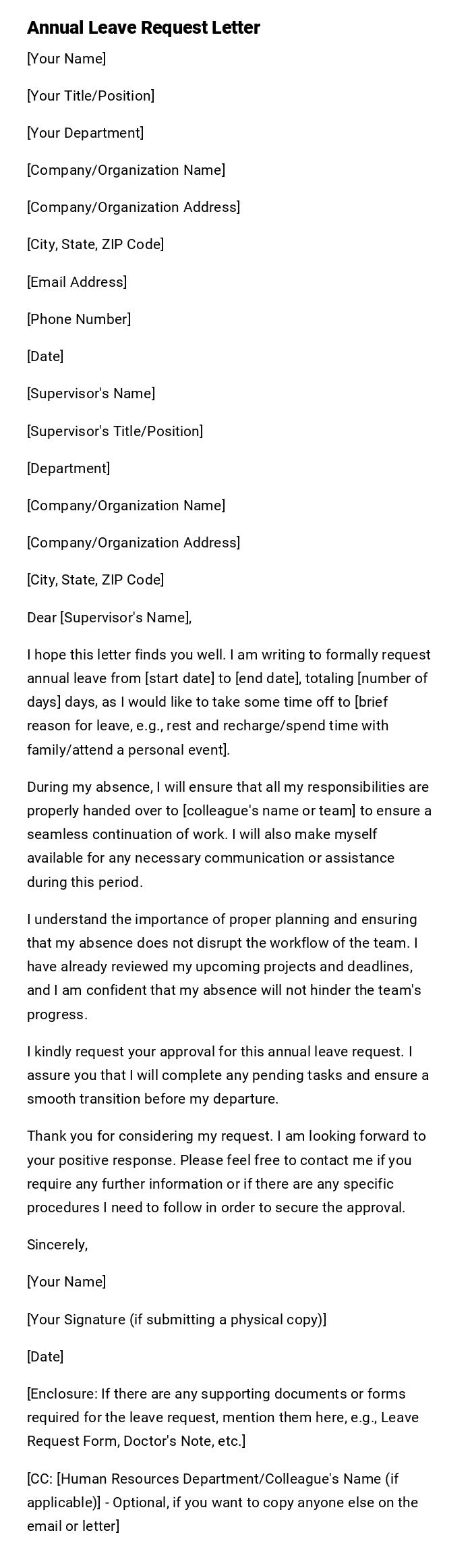 Annual Leave Request Letter Annual Leave Request Letter