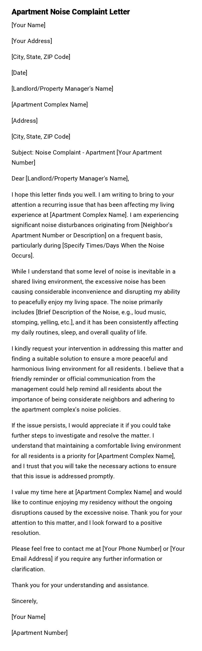 Apartment Noise Complaint Letter