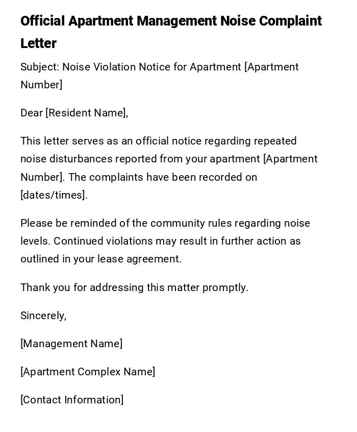 Official Apartment Management Noise Complaint Letter Official Apartment Management Noise Complaint Letter