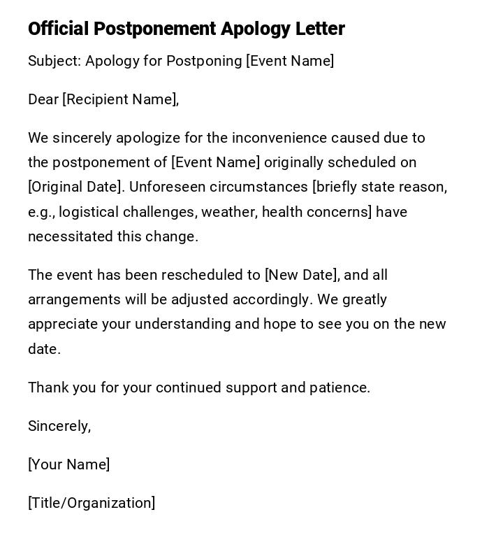 Official Postponement Apology Letter Official Postponement Apology Letter