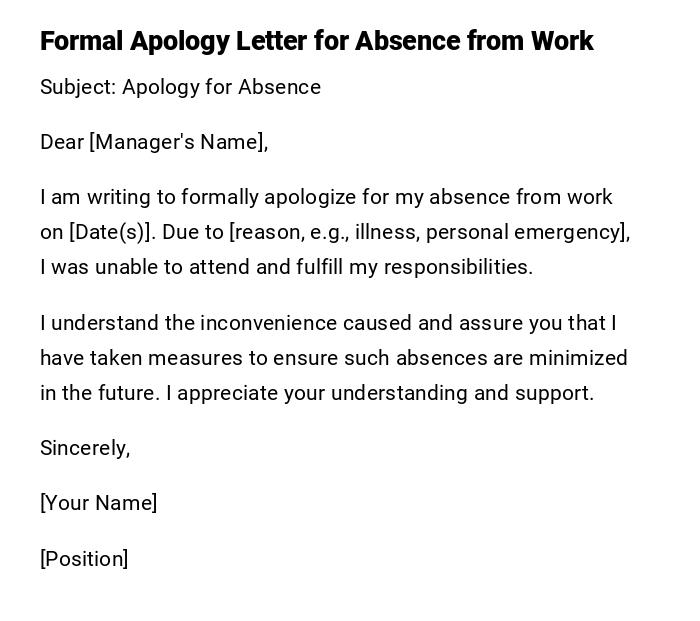 Formal Apology Letter for Absence from Work Formal Apology Letter for Absence from Work