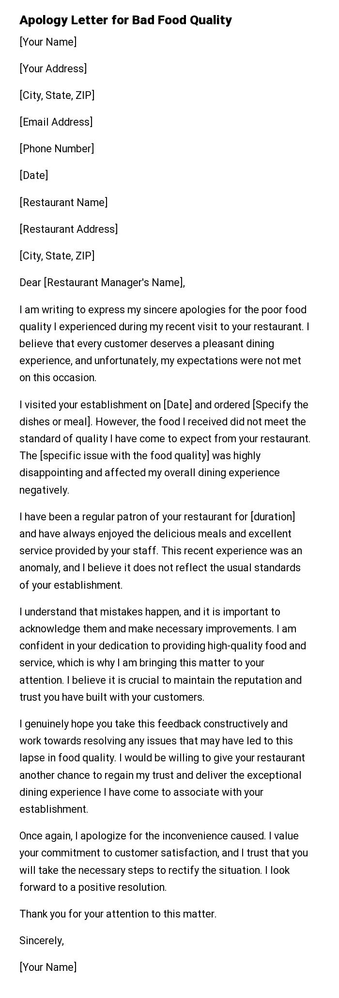 Apology Letter for Bad Food Quality
