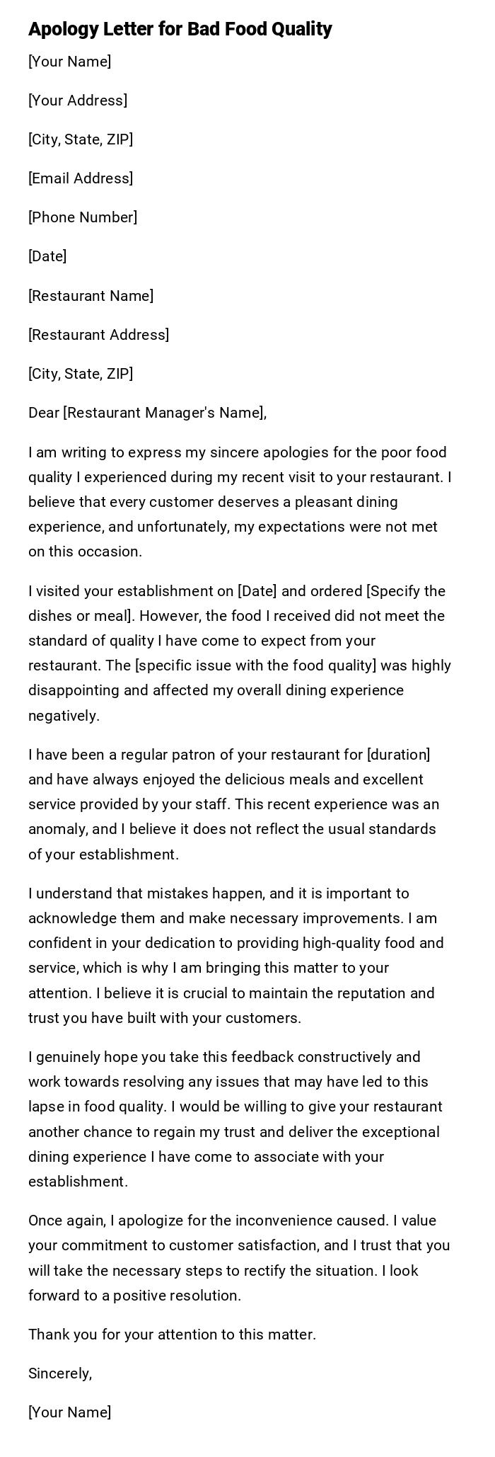 Apology Letter for Bad Food Quality