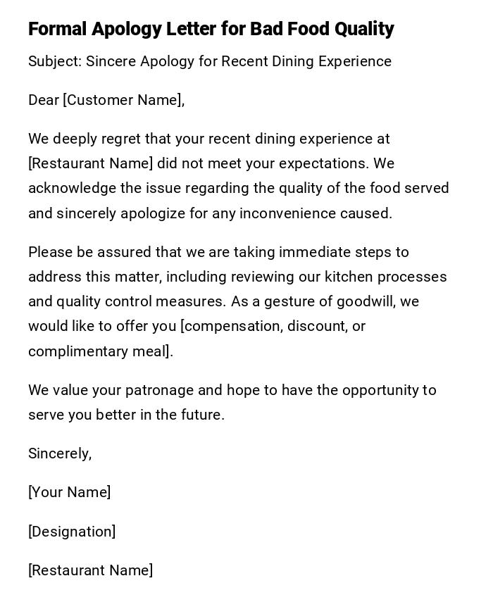 Formal Apology Letter for Bad Food Quality Formal Apology Letter for Bad Food Quality
