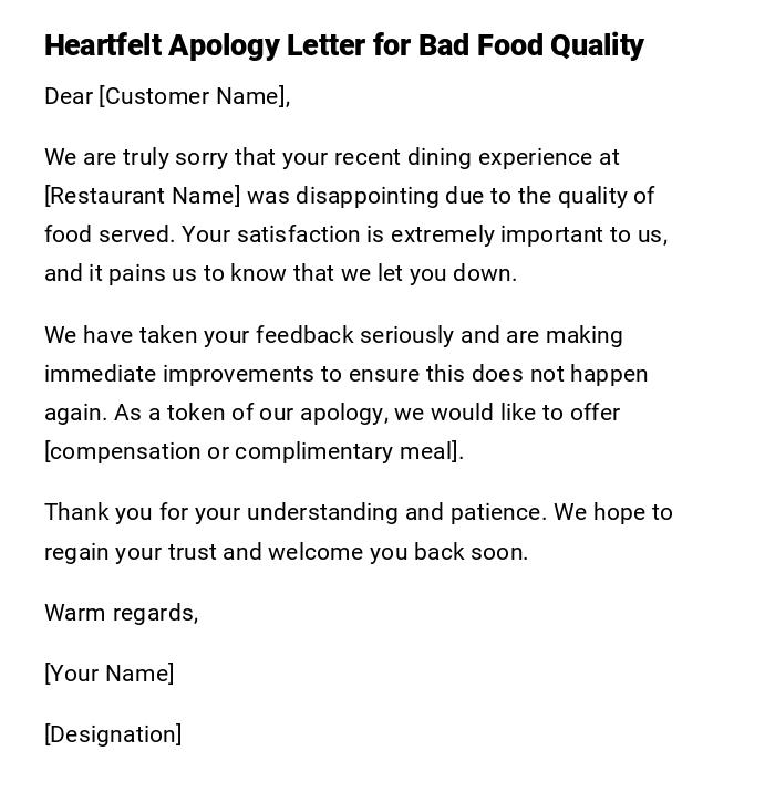 Heartfelt Apology Letter for Bad Food Quality Heartfelt Apology Letter for Bad Food Quality